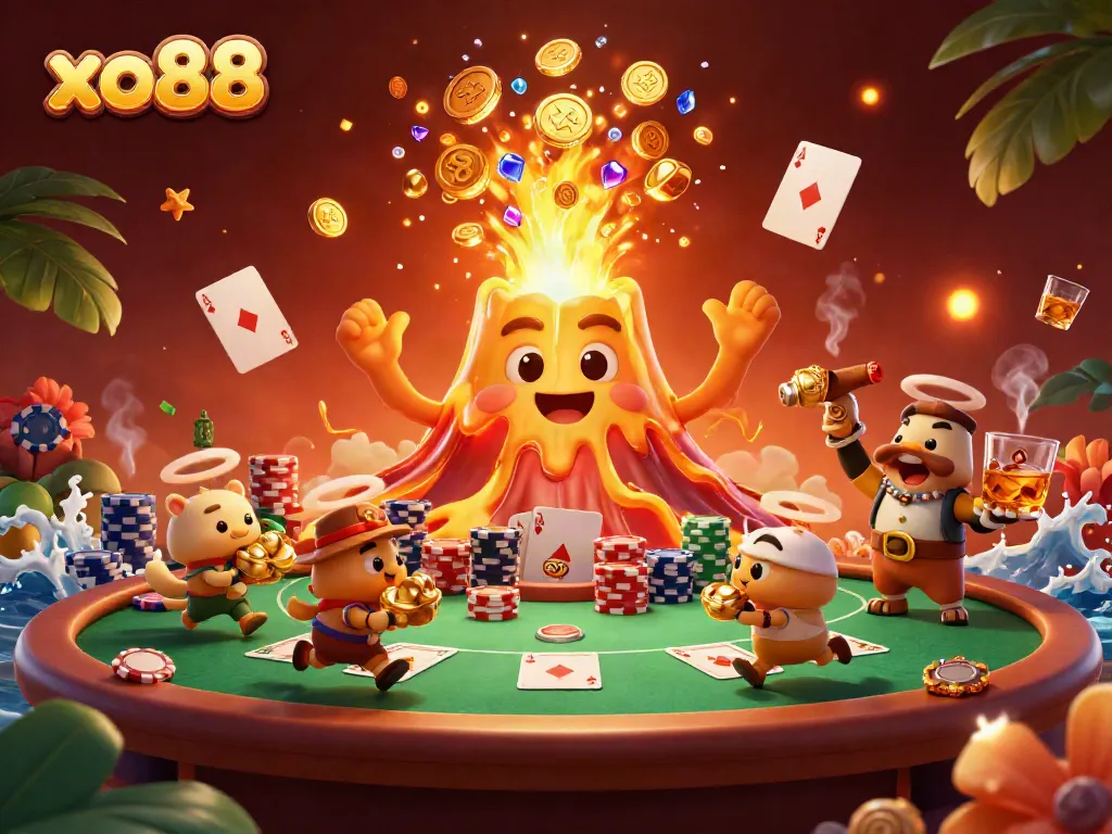 Explore xo88's vibrant gaming world as treasure hunters reap rewards amidst a golden volcano eruption.