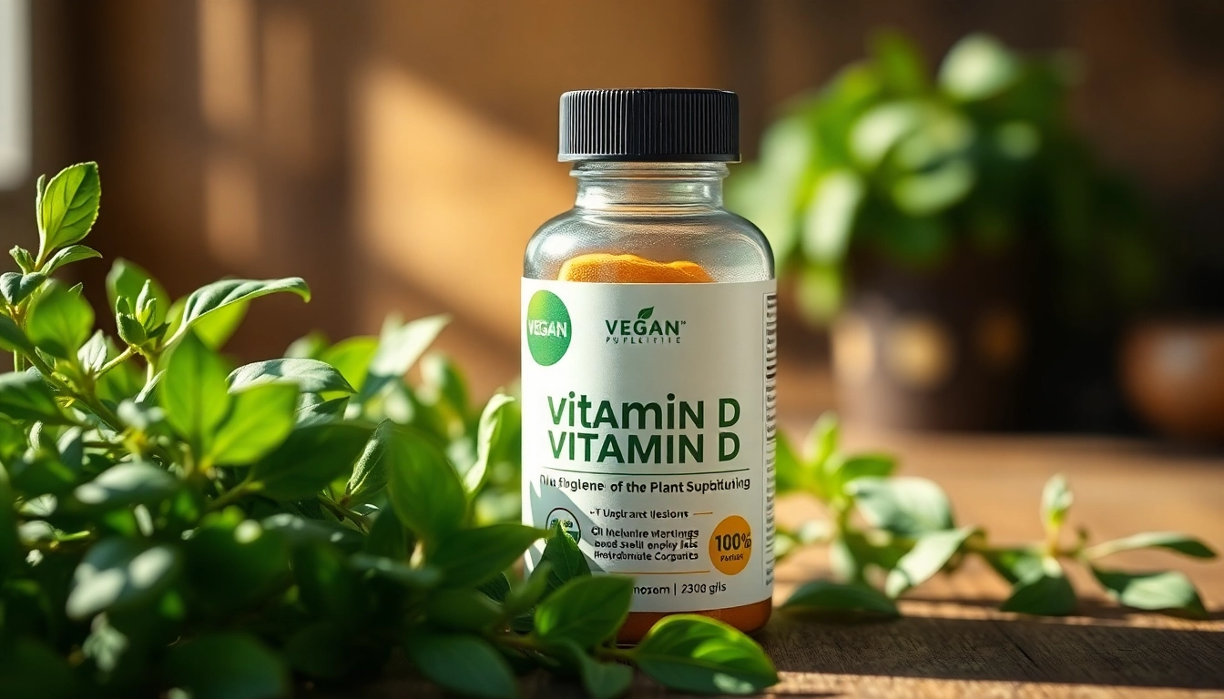 Veganes Vitamin D3 in einer glasflasche umgeben von frischen kräutern.