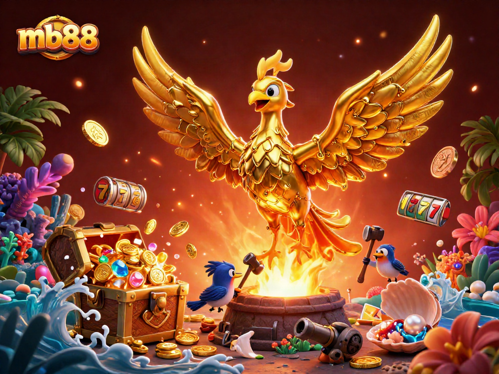 Win big with mb88 as a molten golden phoenix emerges into a vibrant casino scene.
