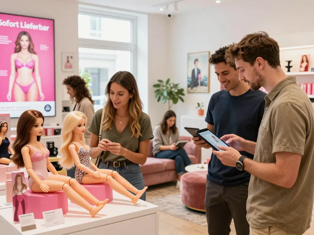 Sofort Lieferbar Sex Puppen, die in einem hellen Einzelhandelsgeschäft ausgestellt sind, mit glücklichen Käufern, die Optionen erkunden.