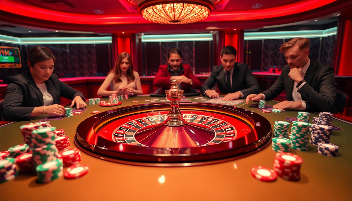 Experience thrilling gameplay at 33win's luxurious casino setup, featuring an elegant roulette wheel and engaging players immersed in the action.