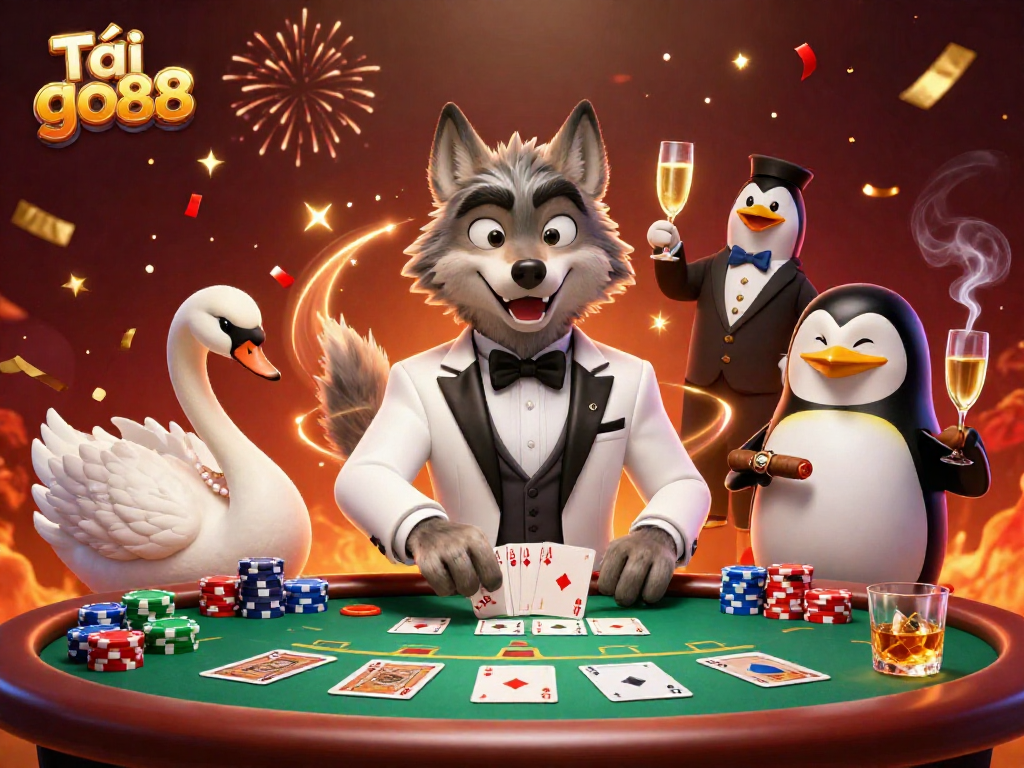 Experience the thrill of gaming with Tải go88 through an energetic casino scene with playful characters and vibrant decorations.