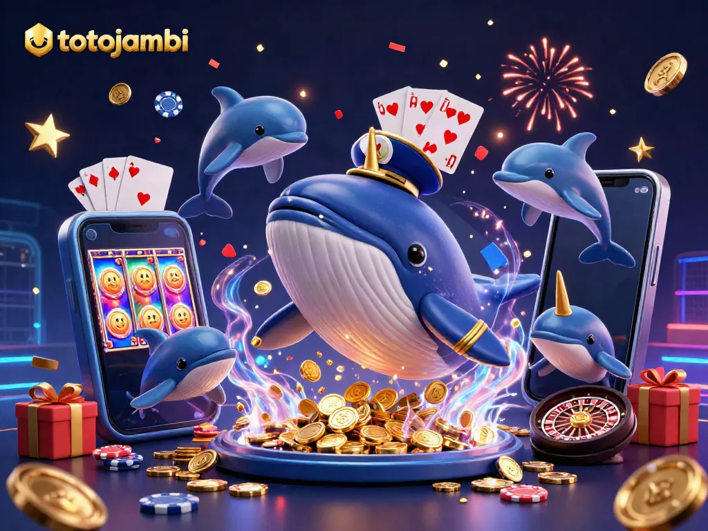 Experience the excitement of totojambi, featuring a whale captain and playful dolphins amidst a vibrant casino world.