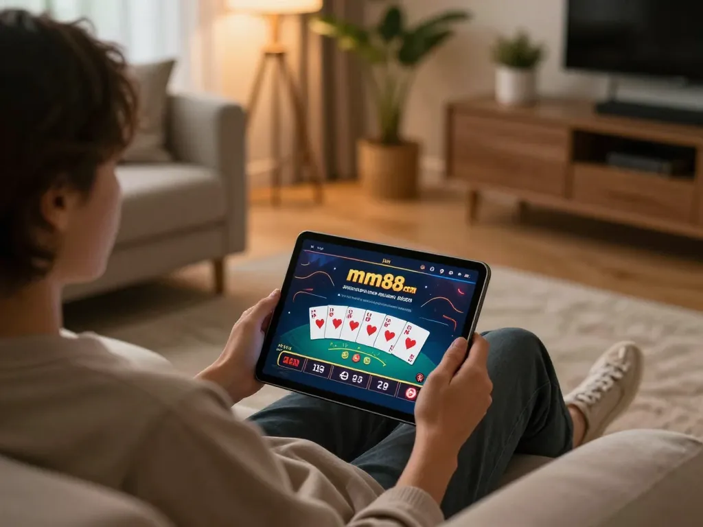 Player engaged in online poker gameplay on mm88 com in a cozy home setting