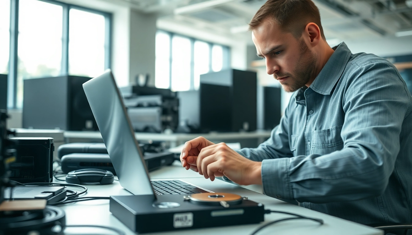 Datenrettung Festplatte Wien in einem modernen Büro mit einem Techniker bei der Arbeit.