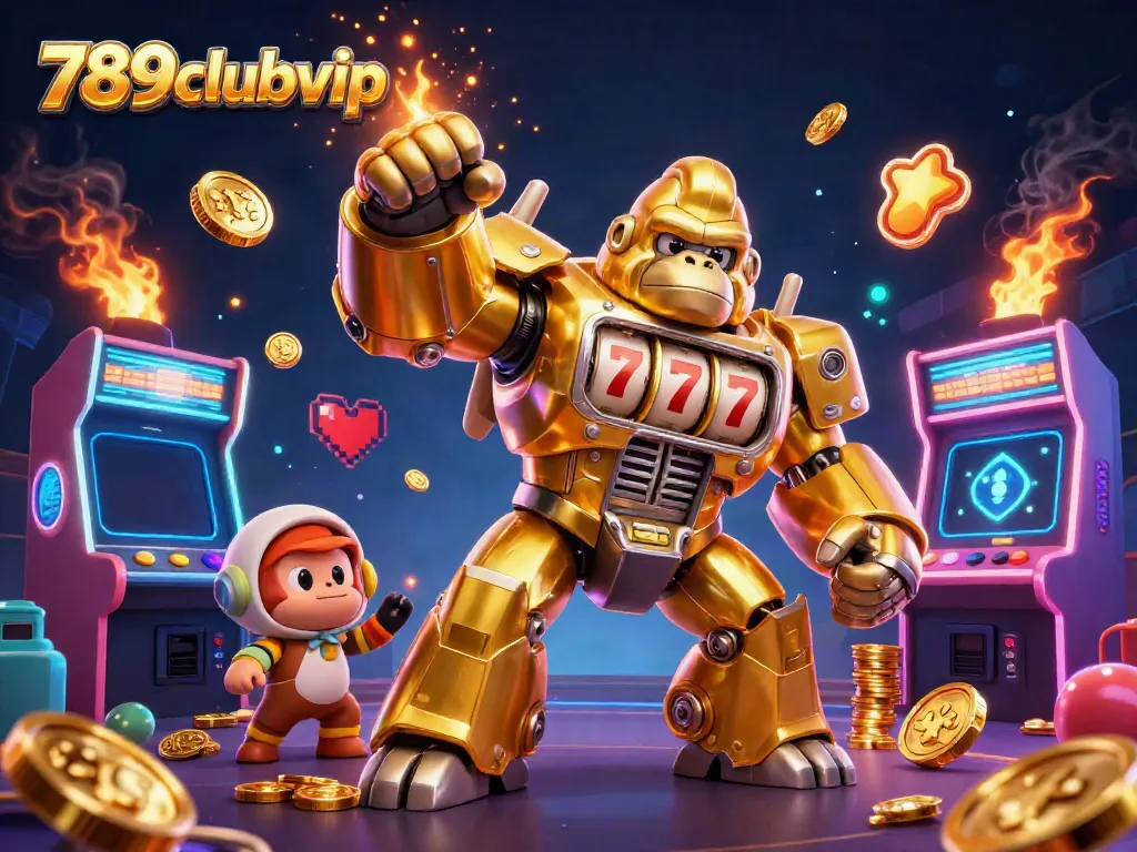 Engage with thrilling gameplay at 789clubvip, featuring a golden gorilla mech and dynamic game elements.