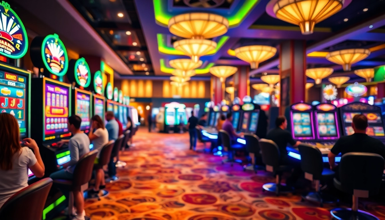 LolaJack Casino offers a vibrant gaming experience with colorful slots and players enjoying their time.