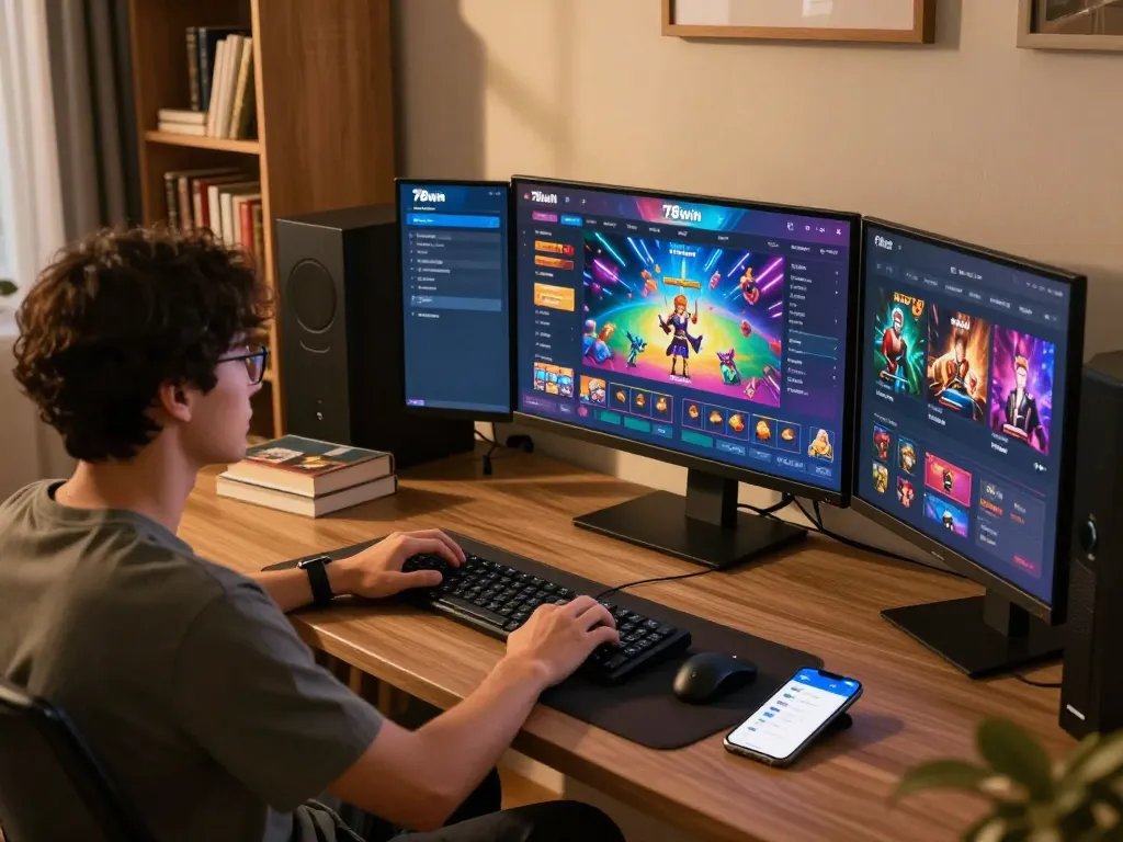 Engaging in online gaming at home with 78win, showcasing multiple screens and responsible gaming practices