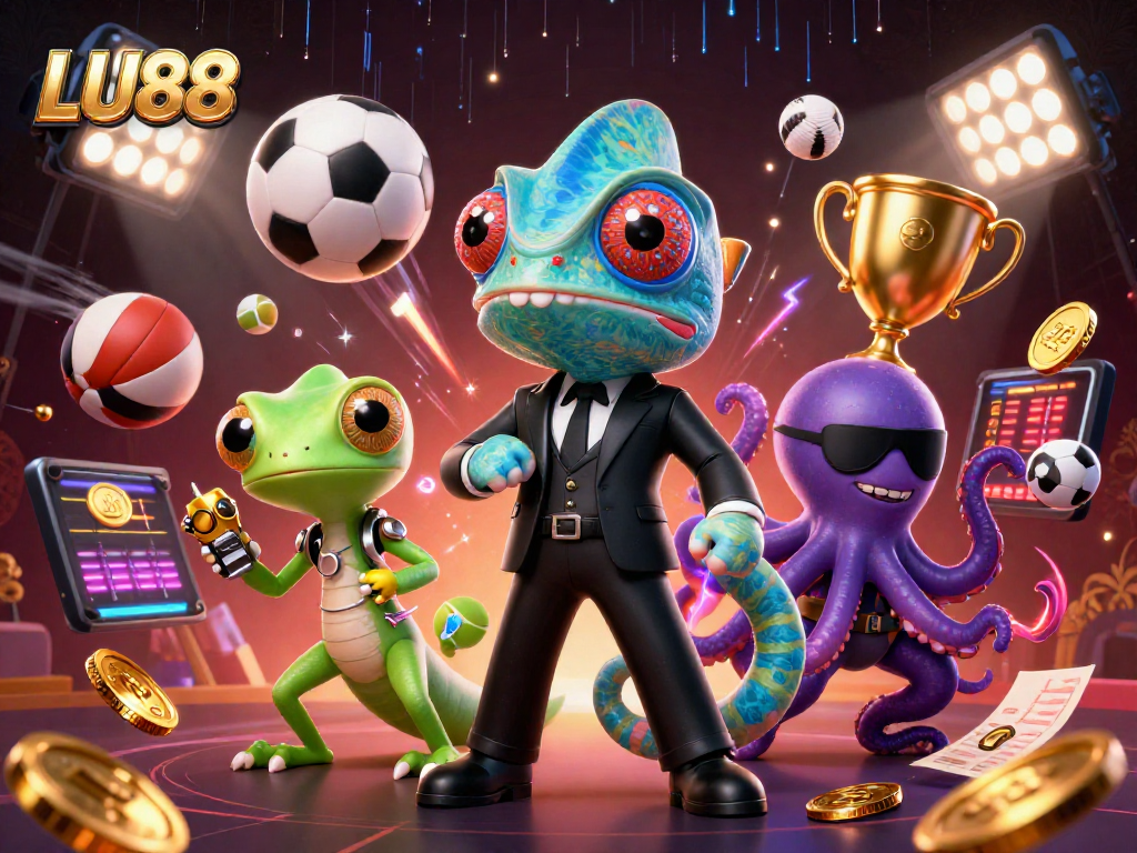 LU88 showcases a vibrant scene with a chameleon, gecko, and octopus in the world of dynamic sports betting.
