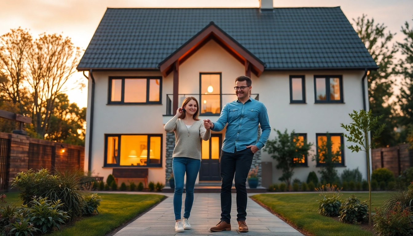 Glückliches Paar hält Schlüssel vor ihrem neuen Haus - Hauskauf Symbolik.