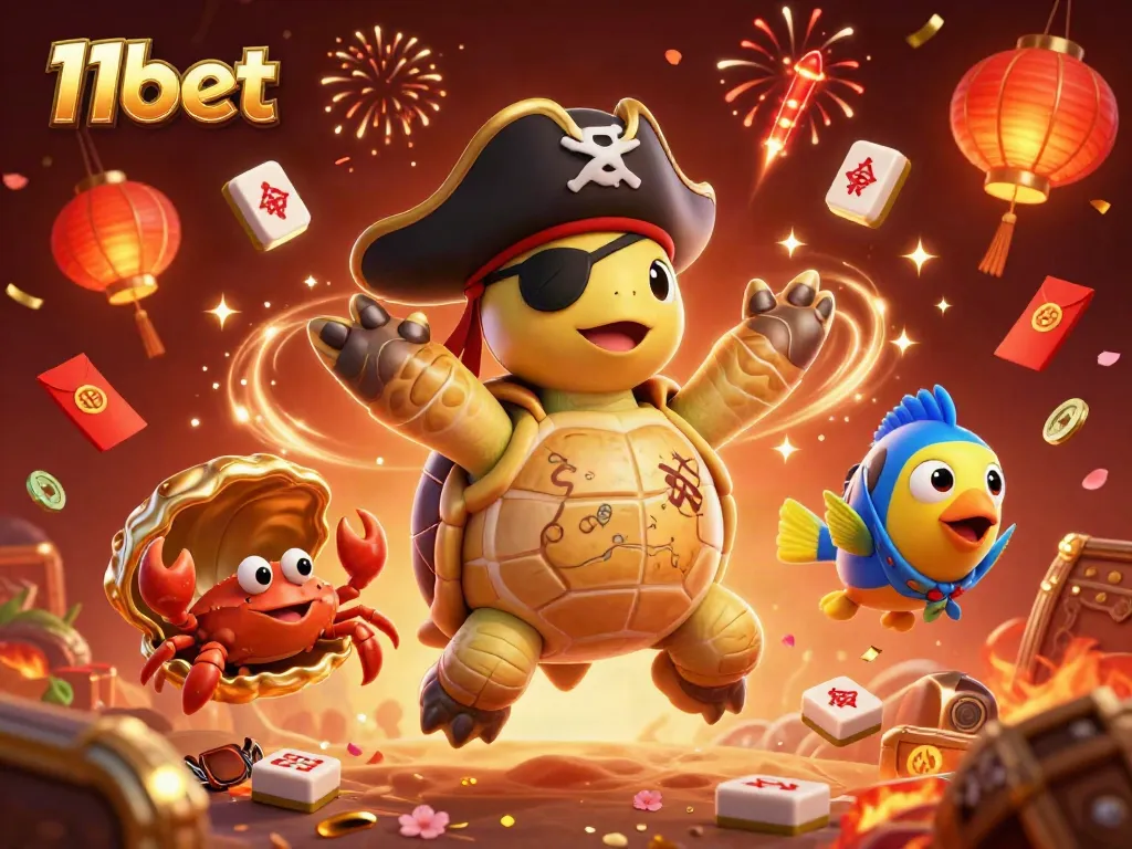 Engage in thrilling gaming at 11bet with vibrant characters and casino elements swirling around.