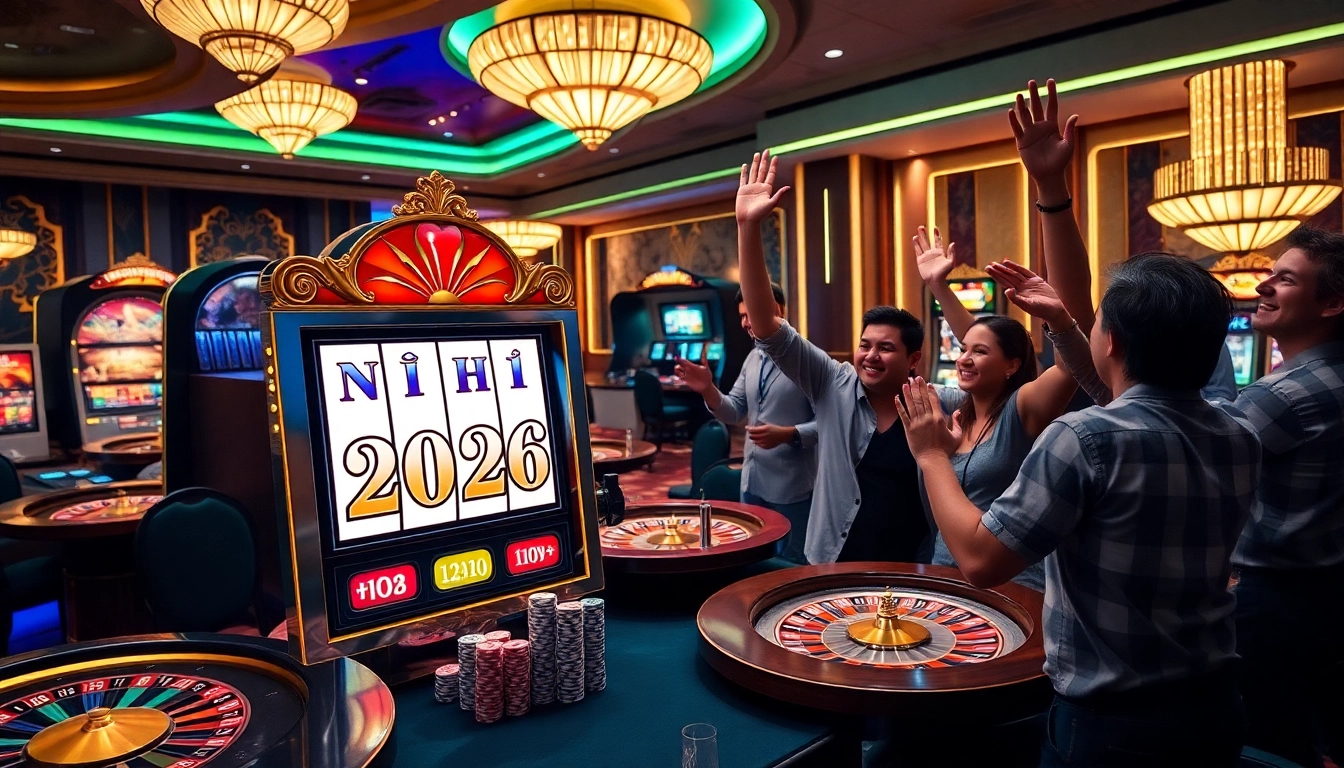 Celebrating a win at the Nổ Hũ 2026 slot machine in a vibrant casino.