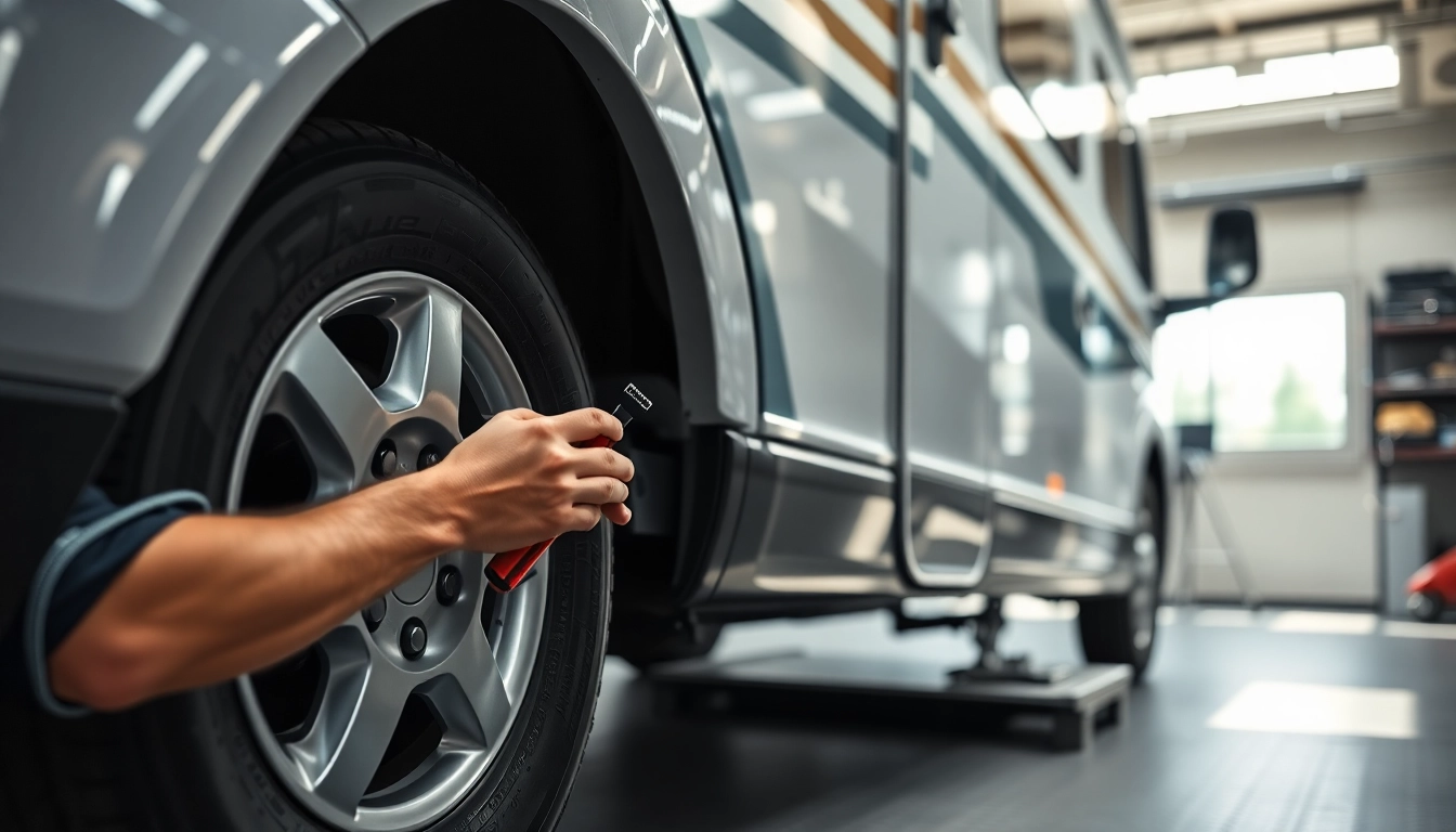 Wohnmobil Gutachten Augsburg: Fachmann inspiziert ein Wohnmobil in einer Garage für Qualitätssicherung.