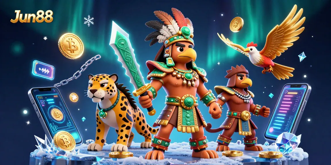 Experience thrilling gameplay with Jun88 as Aztec warriors guard coins and blockchain treasures in an electrifying online casino.