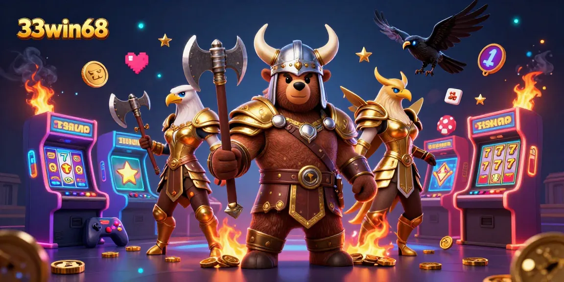 Experience the thrill of 33win68 with a vibrant 3D cartoon Viking berserker in a spectacular gaming scene.