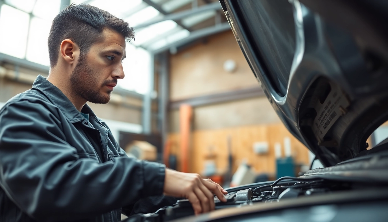 Motorschaden Ankauf: Mechanic examining a car engine in a professional garage.