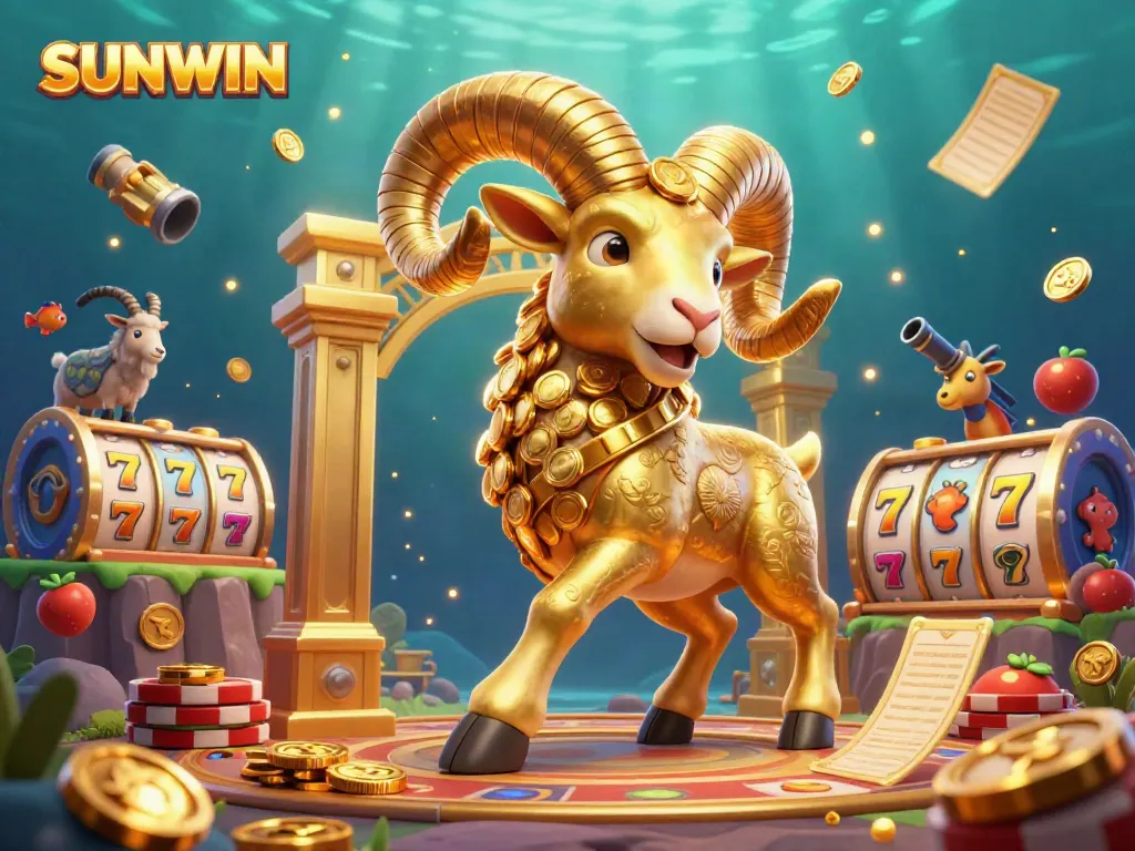 SUNWIN features a golden ram charging through a vibrant casino scene with slot machines and gold coins.