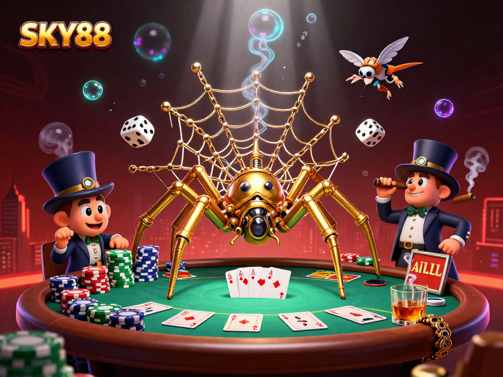 Catch thrilling action at SKY88 with a steampunk spider weaving lucky poker webs in a vibrant casino.