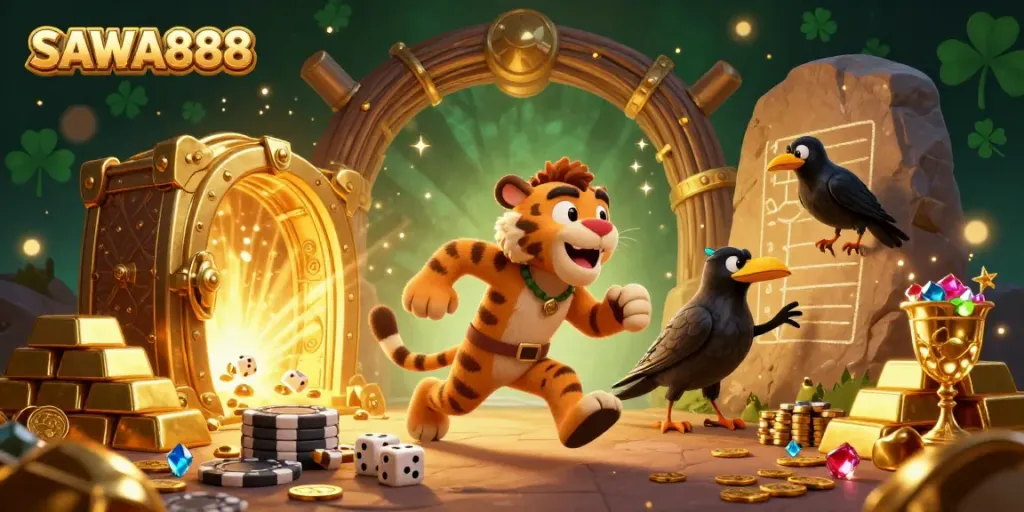 Experience thrilling gameplay on SAWA888 with engaging casino elements, vibrant colors, and detailed characters.