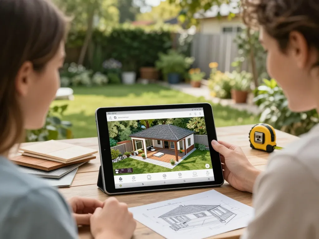 Paar nutzt einen Veranda 3D Konfigurator auf einem Tablet in ihrem Garten, um eine maßgeschneiderte Außenstruktur zu entwerfen.