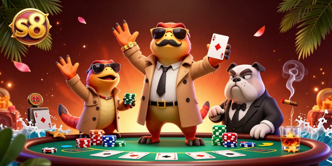 S8 showcases raptors cleverly disguised in a trench coat entering a casino, surrounded by poker excitement.