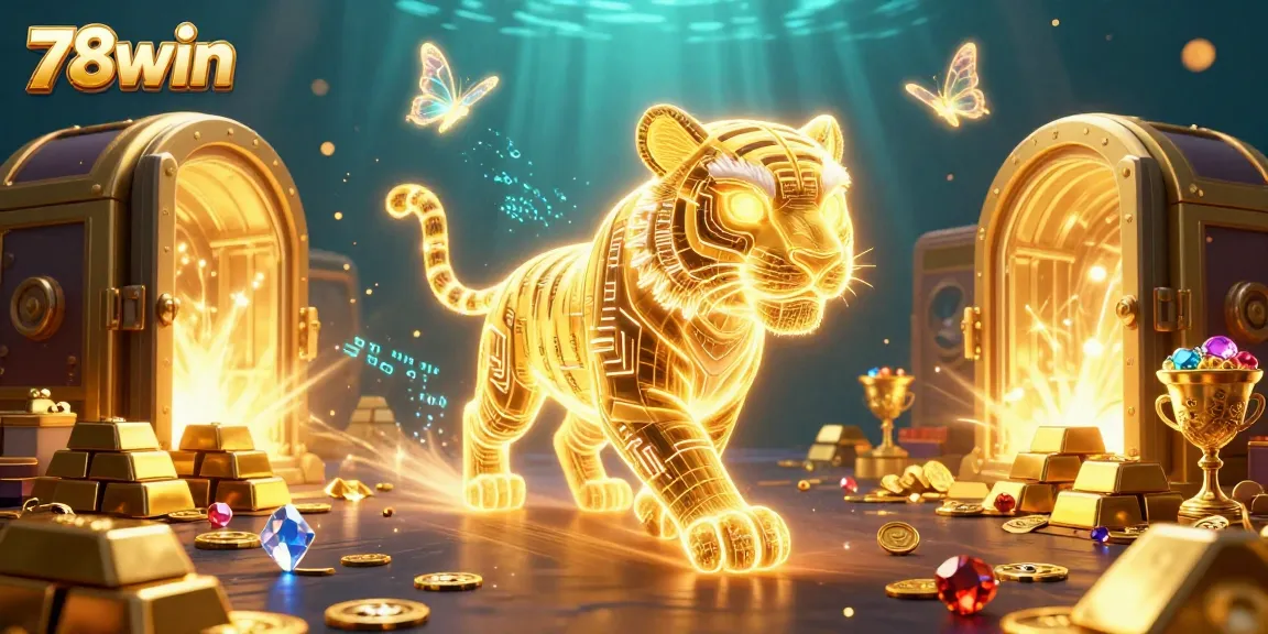 Engage with 78win's vibrant casino world, featuring a neon tiger amidst treasures and vibrant gaming elements.