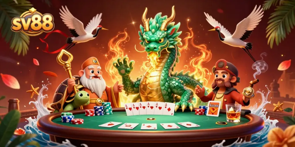 Engage in thrilling poker action at sv88, featuring a jade dragon and wise turtle.