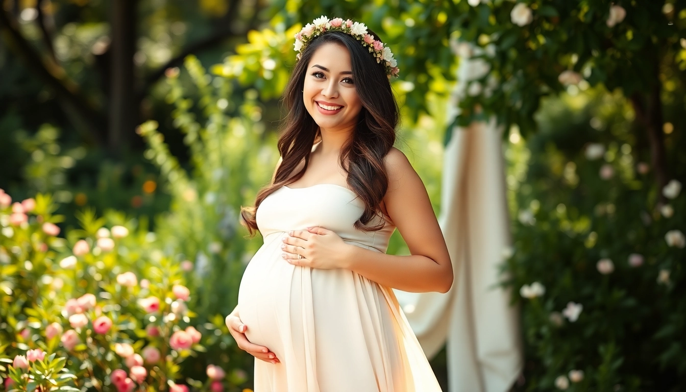 Babybauch Shooting München mit einer lächelnden, schwangeren Frau im Freien.