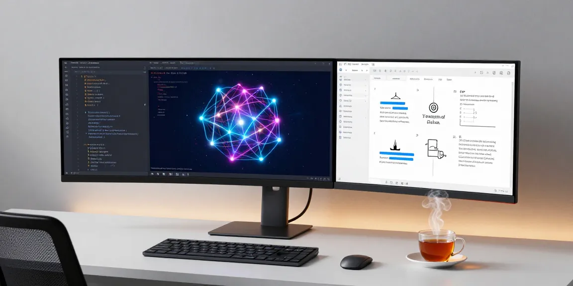 Meditation und Energiearbeit in der Softwareentwicklung: Ein moderner Arbeitsplatz mit Programmcode und Analysewerkzeugen.