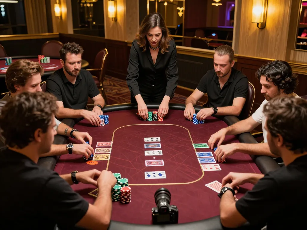 XX88 players strategizing their moves at a bustling poker table in a luxurious casino