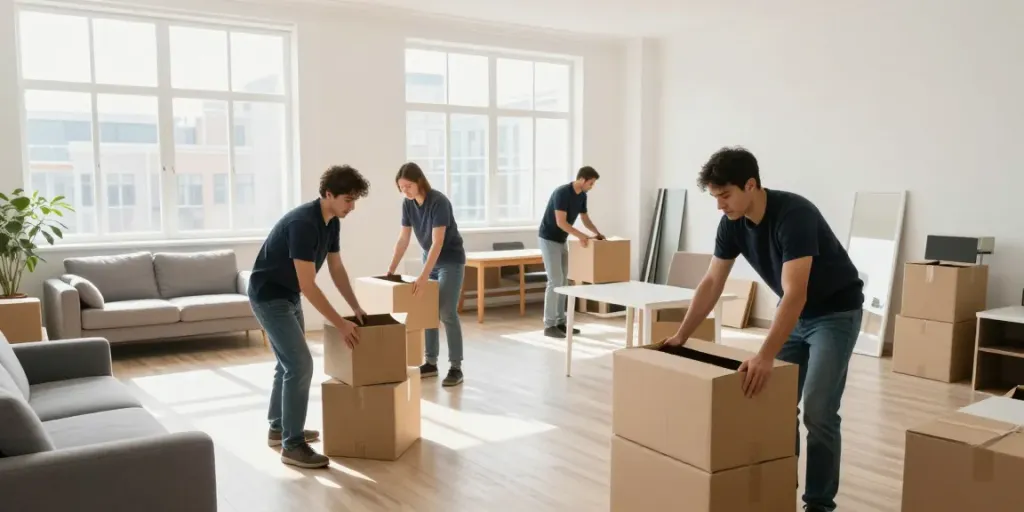 Professionelles Team bei der Wohnungsauflösung in Berlin Tempelhof, Möbel und Kartons im hellen Raum.