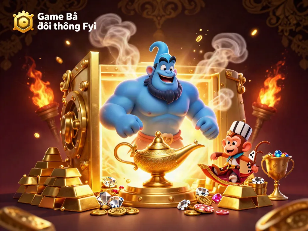 Experience the thrill of Game Bài Đổi Thưởng Fyi with a magical casino scene featuring a genie and treasures.