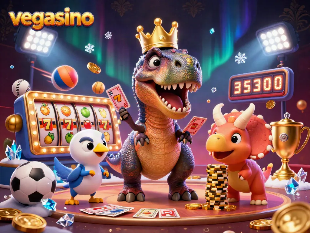 Experience the thrilling vegasino atmosphere with a T-Rex shuffling cards and vibrant slot reels spinning.