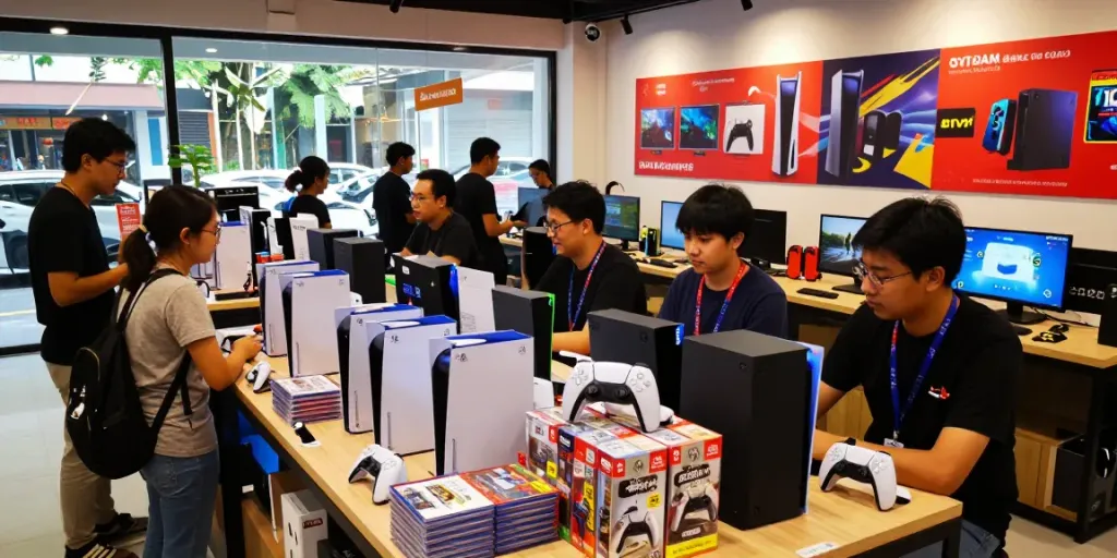 Exciting rokok 88 game store scene with customers exploring original gaming products.