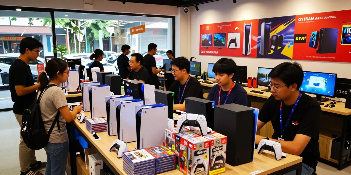 Exciting rokok 88 game store scene with customers exploring original gaming products.