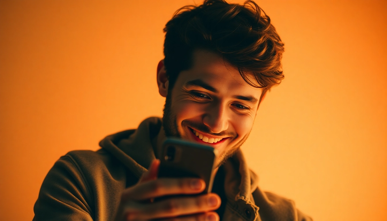 Interaktive Benutzererfahrung beim Instagram Kommentare kaufen, mit einem Smartphone in der Hand und einem optimistischen Ausdruck.