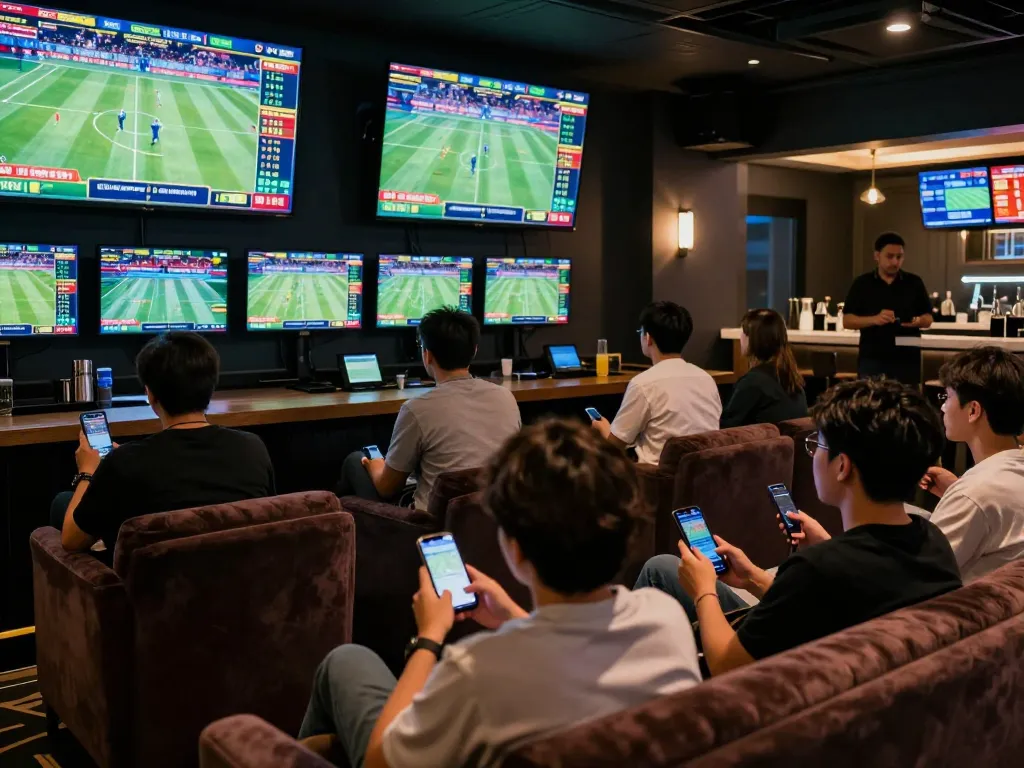 X88 members placing bets while enjoying live sports events in a vibrant betting lounge.