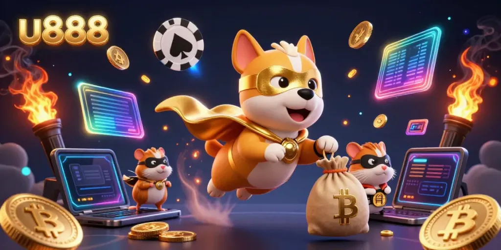 Experience thrilling gameplay with u888's casino superhero dog and hamster duo amid vibrant crypto elements.