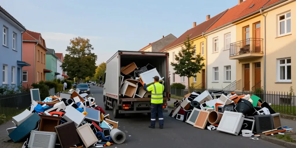 Sperrmüll Abholung Berlin mit freundlichem Entsorgungsmitarbeiter, der Möbel und Geräte in einen Lkw lädt.