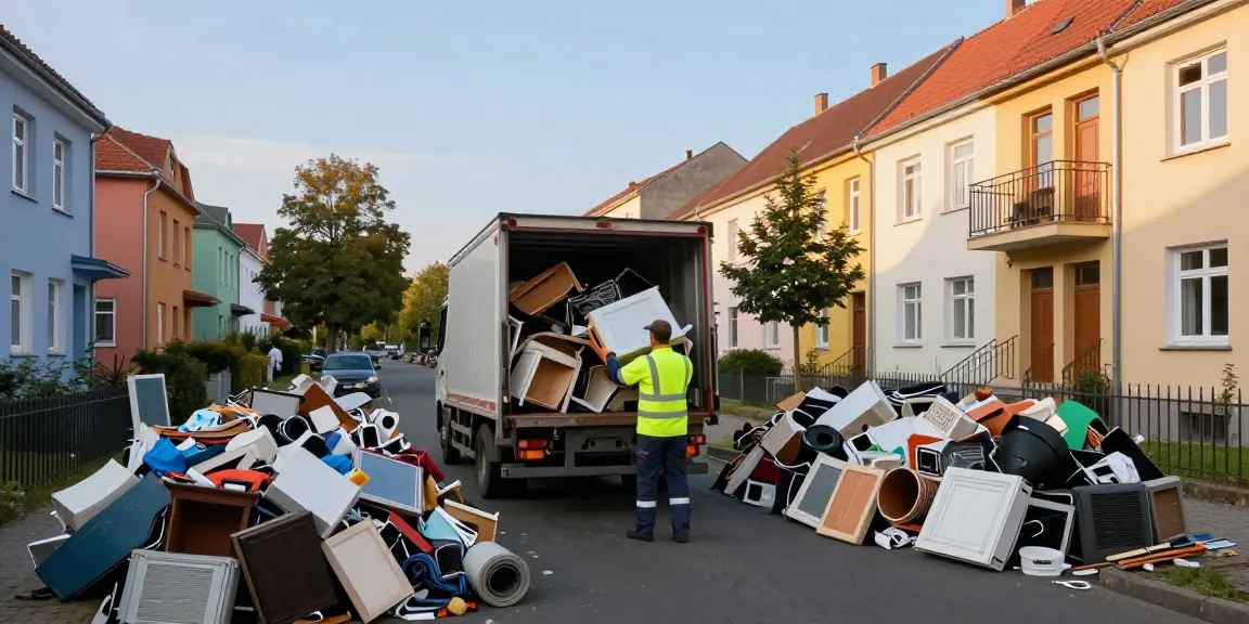 Sperrmüll Abholung Berlin mit freundlichem Entsorgungsmitarbeiter, der Möbel und Geräte in einen Lkw lädt.