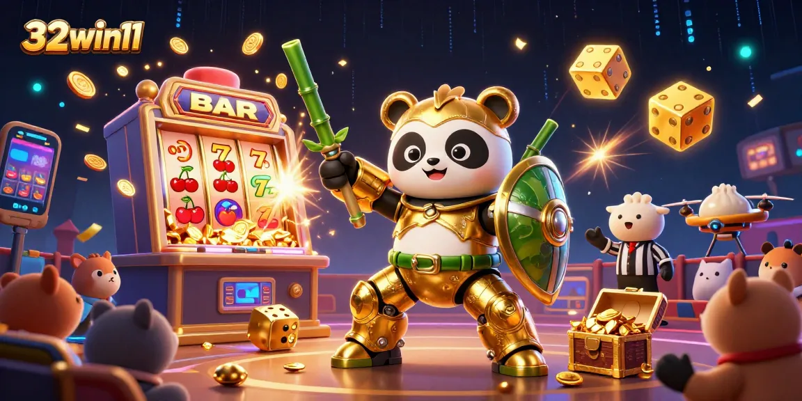 Experience thrilling action at 32win11 with a golden panda in a casino robot battling for jackpots.