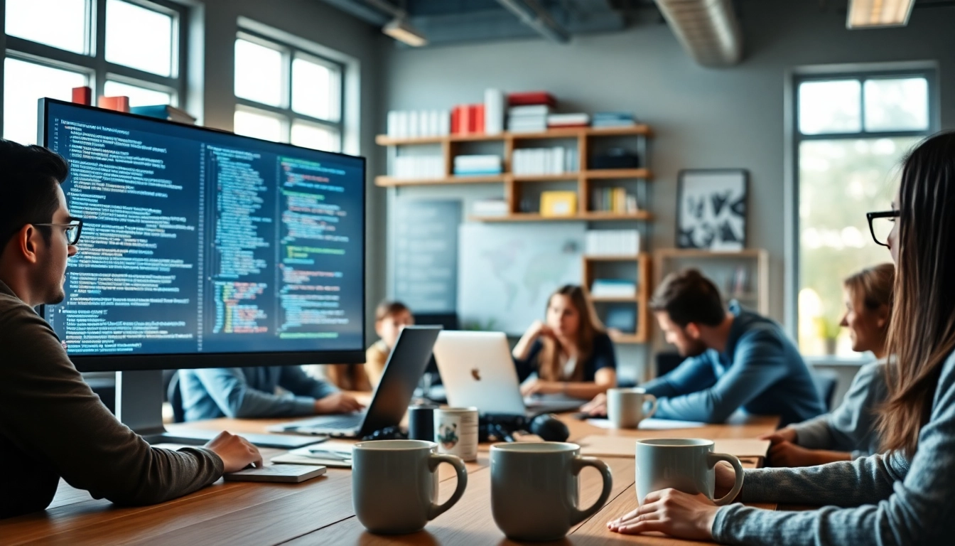 Software Entwicklung im modernen Büro mit diverser Teamarbeit und innovativer Technologie.