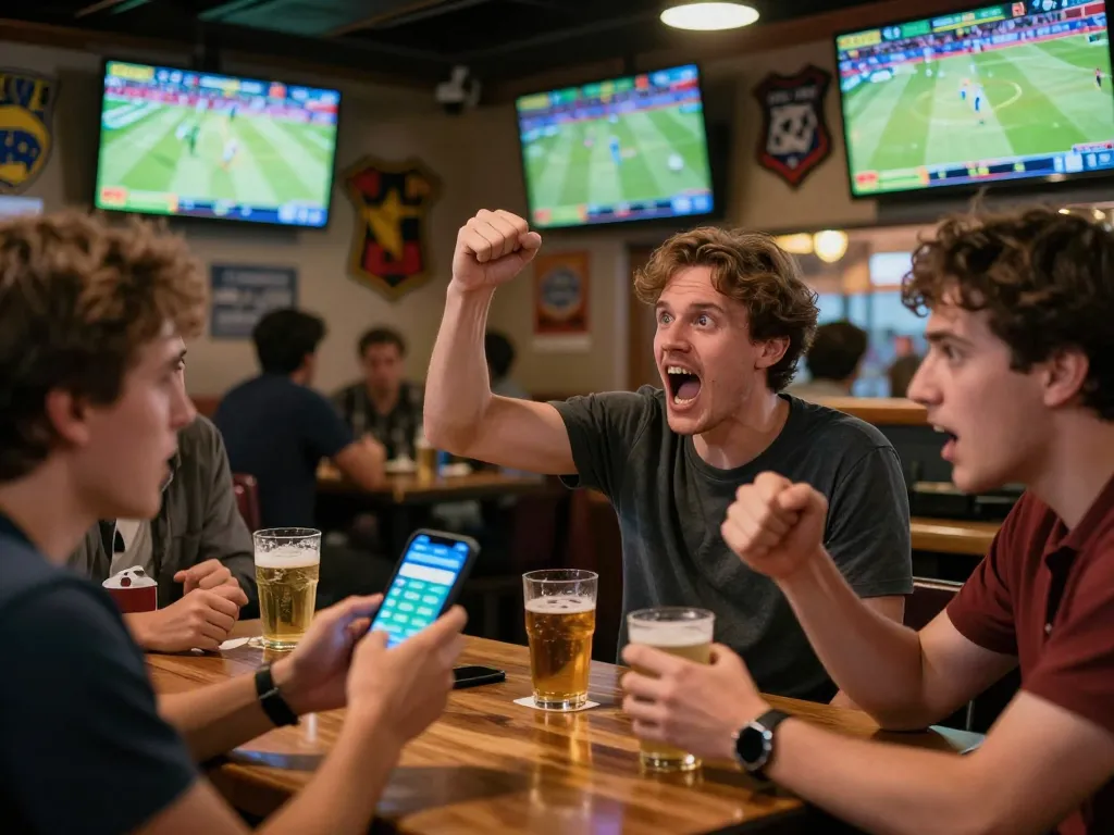 Engaging in live sports betting with fun79 app at a vibrant sports bar, capturing the excitement of real-time wagering.