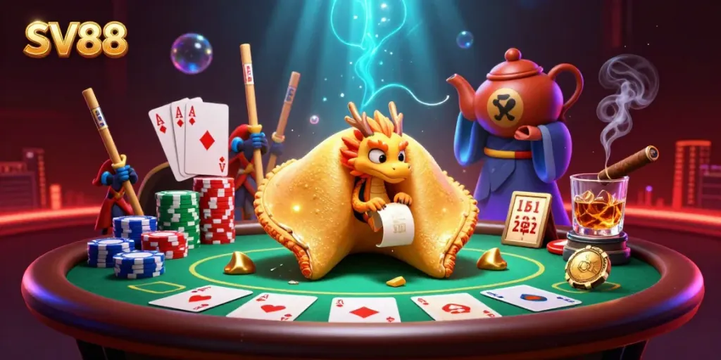 Experience exciting gameplay at SV88 with a vibrant 3D casino illustration showcasing golden themes and poker elements.