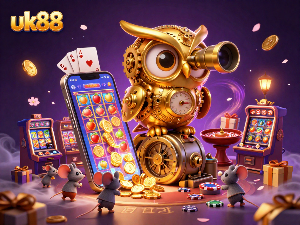 Experience uk88's vibrant casino scene with a golden owl and lively slot machines.