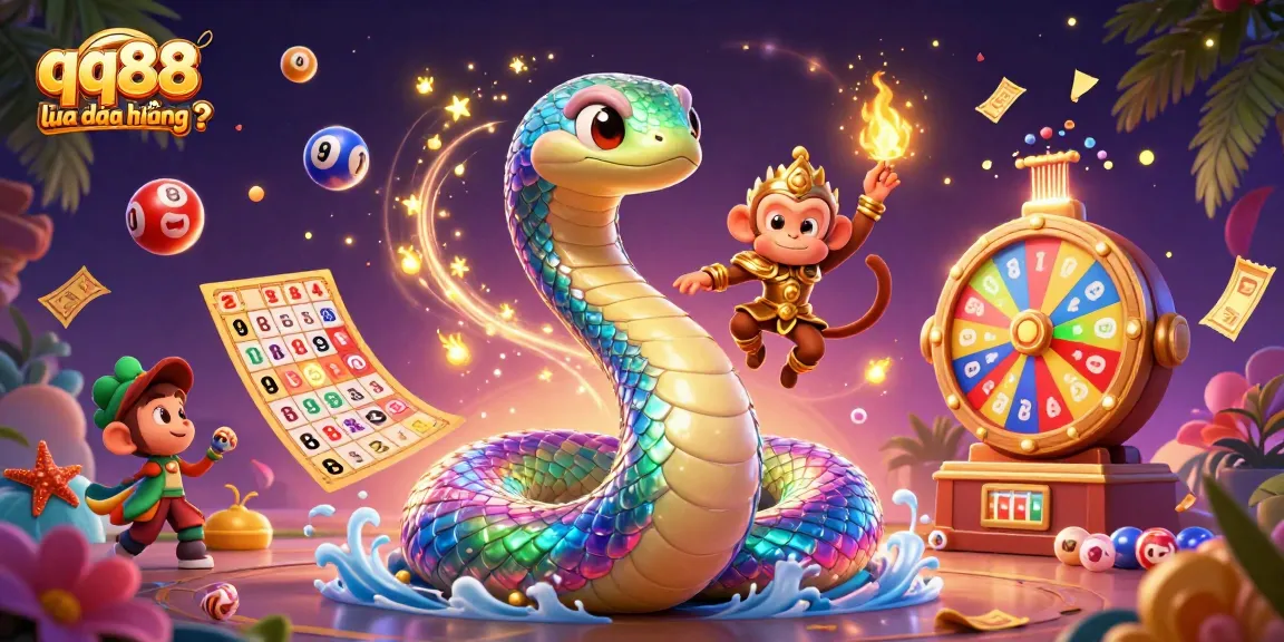 Experience playful magic in gaming with qq88 lừa đảo không ? highlighted by a vibrant 3D scene filled with lottery and casino elements.