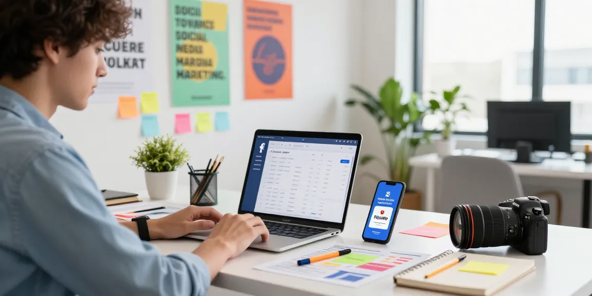 Facebook Follower kaufen: Junge Fachkraft analysiert Social Media Statistiken am Schreibtisch in modernem Büro.