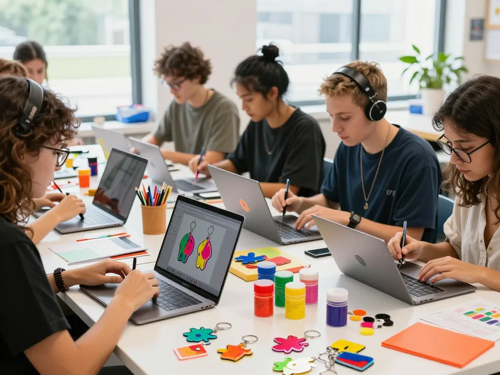 Creative artists designing unique acryl schlüsselanhänger in a vibrant workspace.