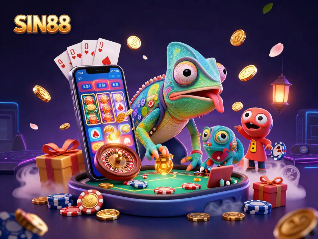 SIN88 casino scene with a colorful chameleon owner surrounded by vibrant game elements.