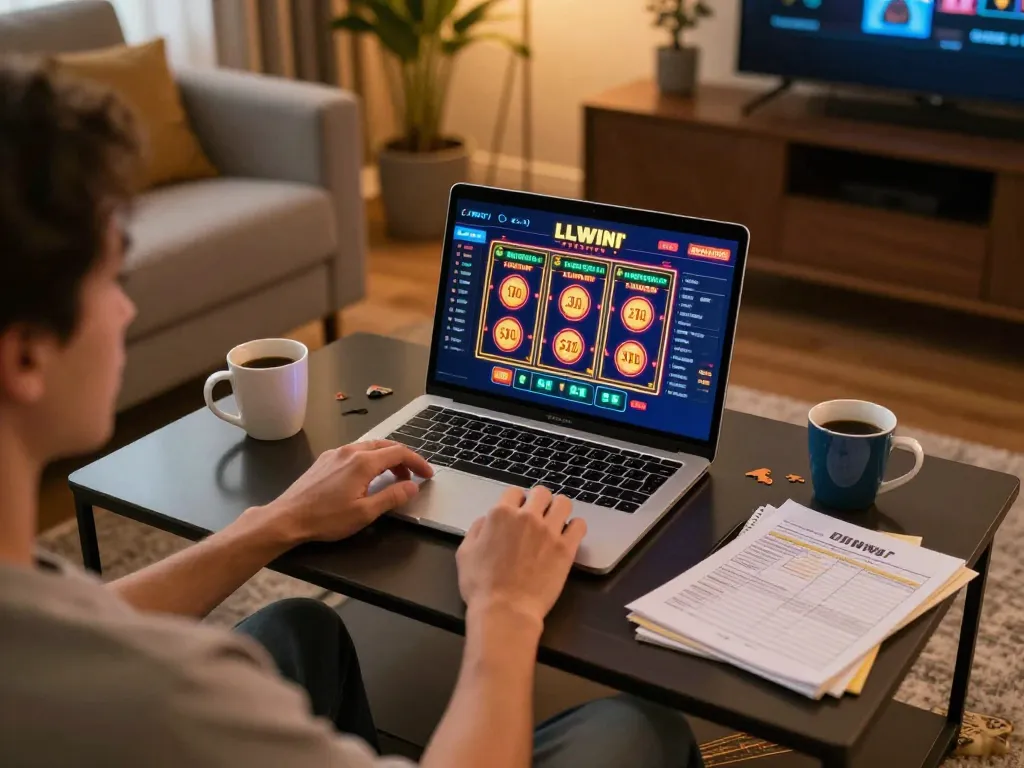 Engaging in online gambling with LLWIN Function interface displayed on laptop during a cozy home gaming session.
